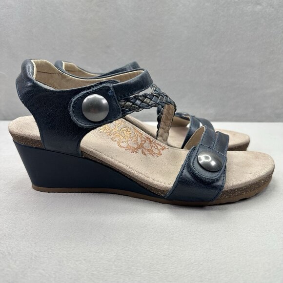 Aetrex Naya Womens Size 9-9.5 Sandals Navy Braided Leather Quarter Strap Wedge - Picture 1 of 8
